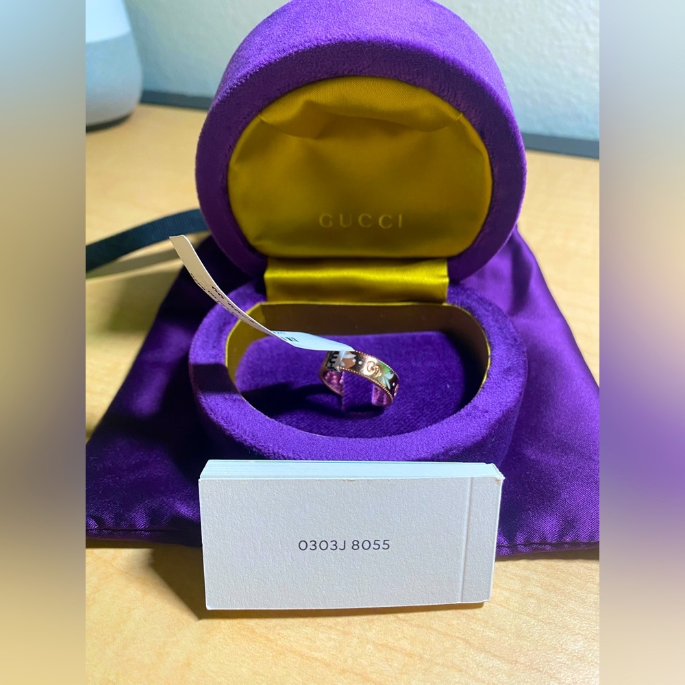 GUCCI ICON BLOOMS 18K PINK/ROSE GOLD WHITE ENAMEL RING